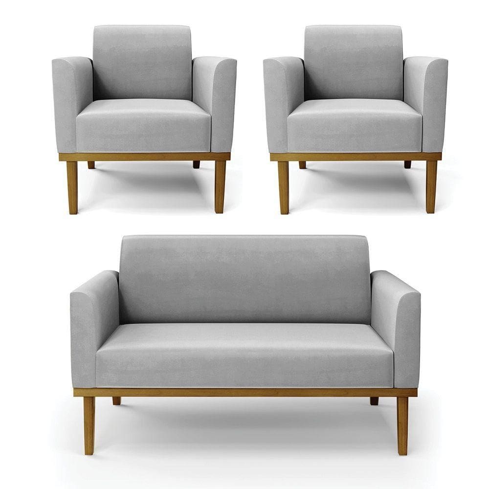Sofá Namoradeira Com 2 Poltronas Base De Madeira Fixa Castanho Marisa Suede D03 - D?rossi Cor Cinza