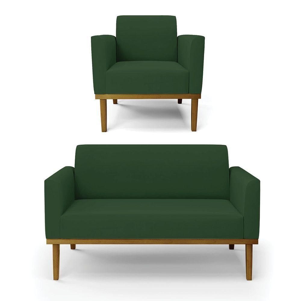 Sofá Namoradeira Com Poltrona Base De Madeira Fixa Castanho Marisa Veludo Verde D03 - D?rossi