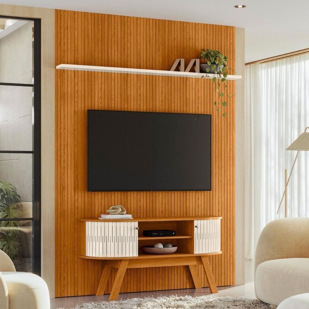 Conjunto New Estoril Painel Com Prateleira Aparador Rack Cinamomo/off-white