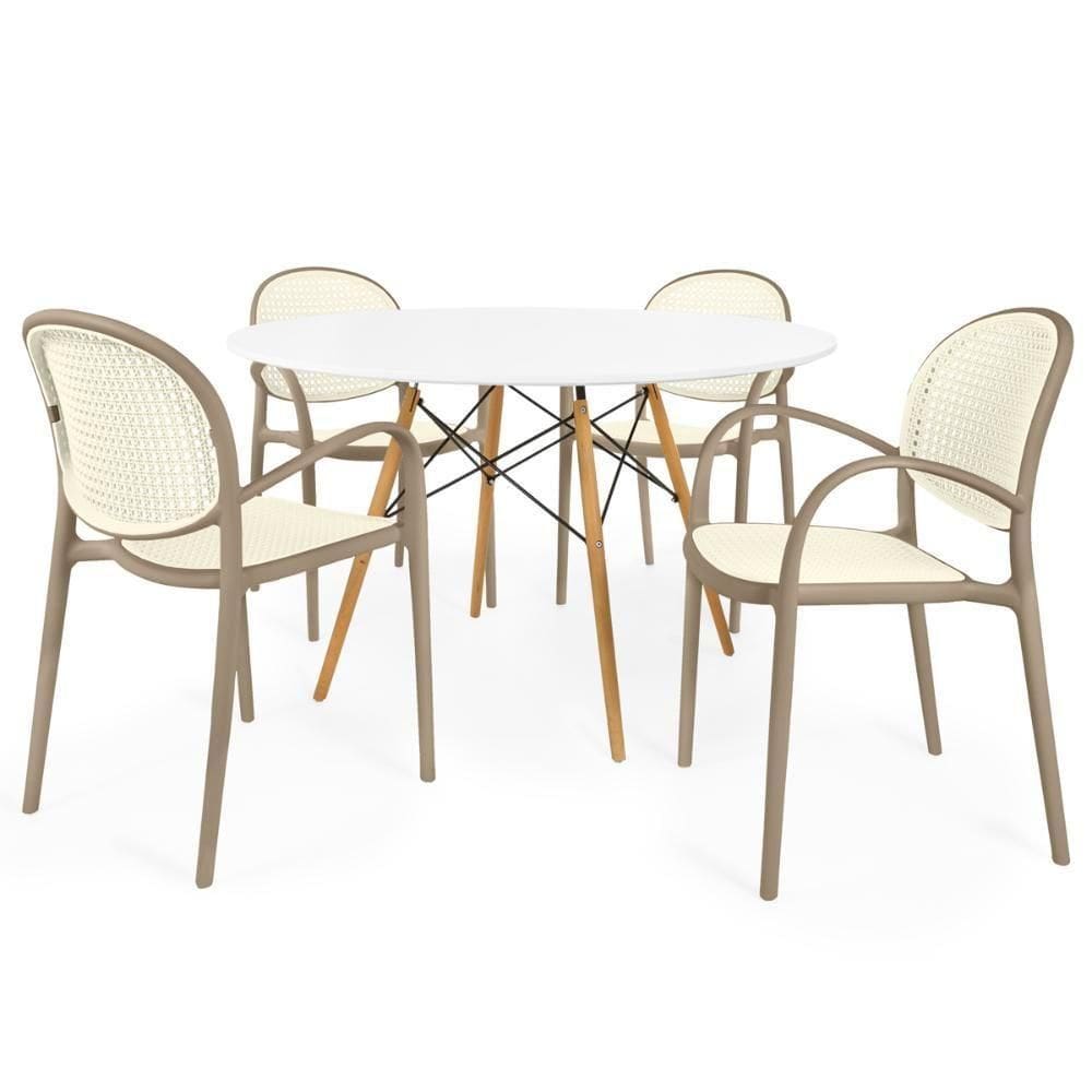 Conjunto Mesa De Jantar Redonda Eiffel Branca 120cm Com 4 Cadeiras Roma Com Braço - Branco/cinza Escuro