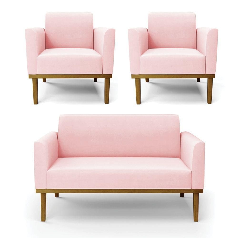 Sofá Namoradeira Com 2 Poltronas Base De Madeira Fixa Castanho Marisa Suede Rosa Bebê D03 - D?rossi