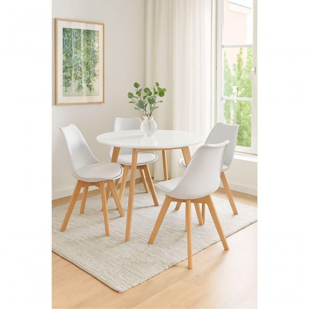 Conjunto Mesa De Jantar Moderna Leda 90cm Branca Com 4 Cadeiras Wood Leda Branca.