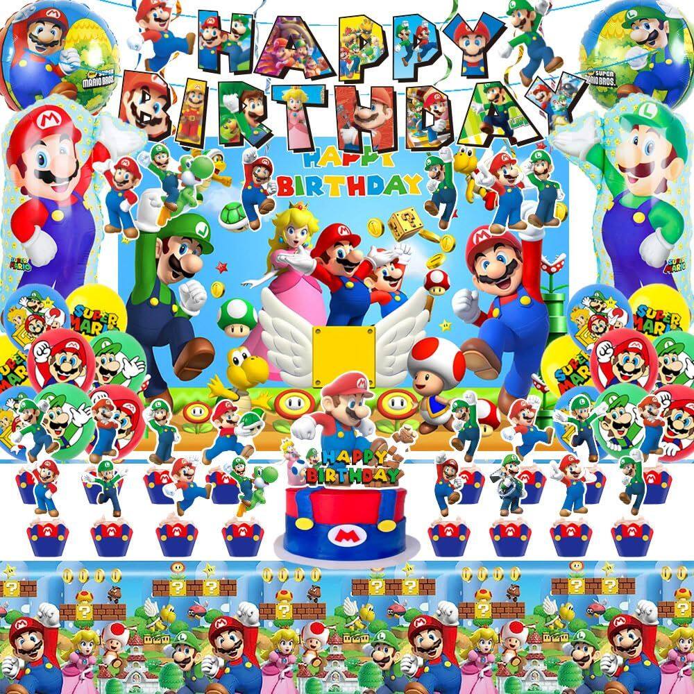 Suprimentos de festa, decorações de aniversário de Mario com banner e muito mais