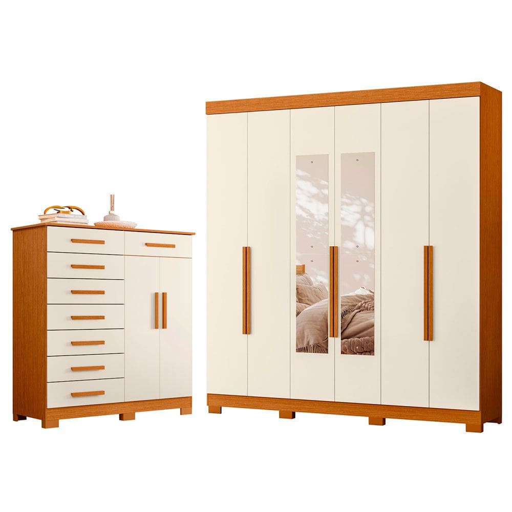 Quarto Completo Guarda Roupa 6 Portas Com espelho Vinci e Cômoda Sapateira Verona
