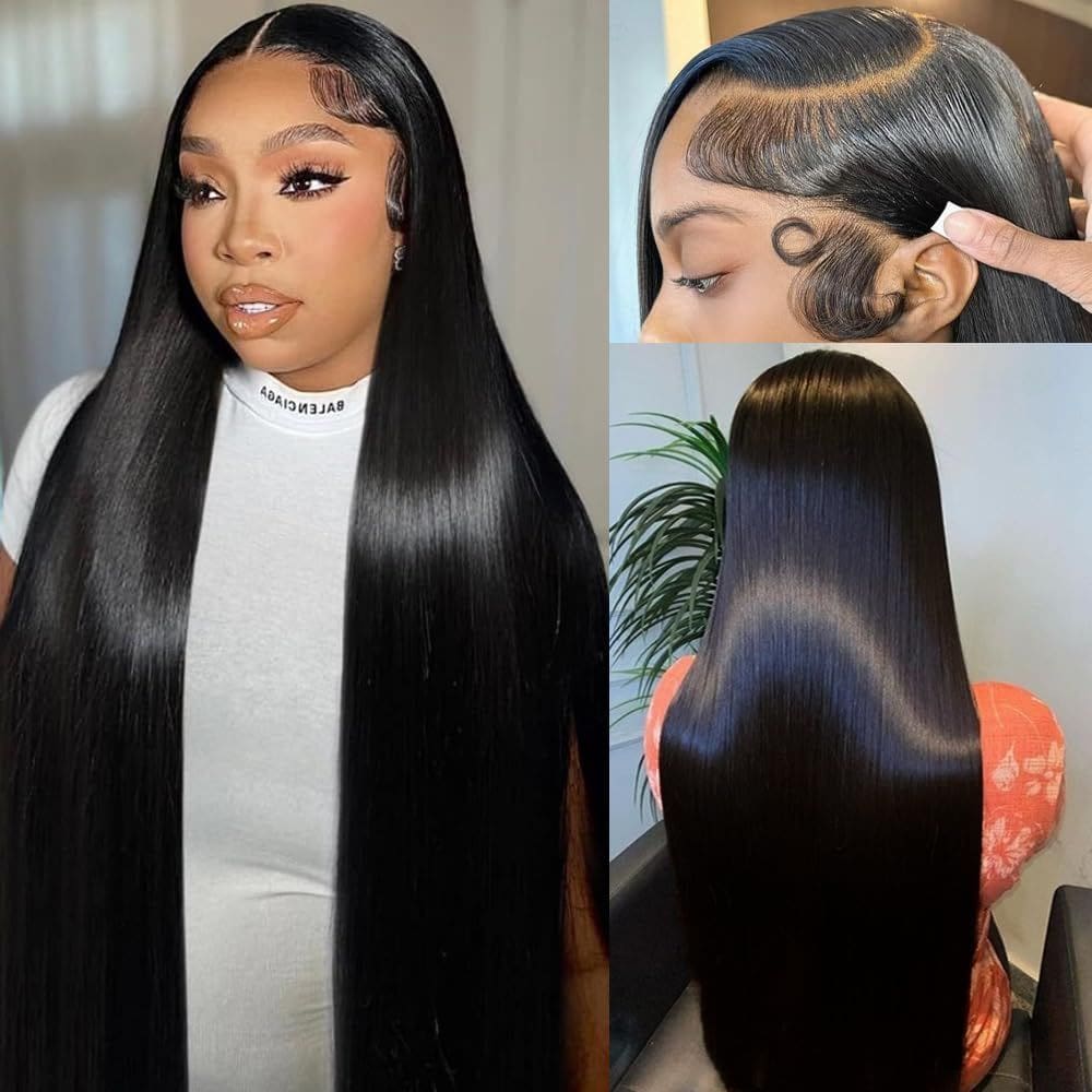 Perucas frontais de renda FLOLIFE HD Straight Human Hair 26&quot; pretas
