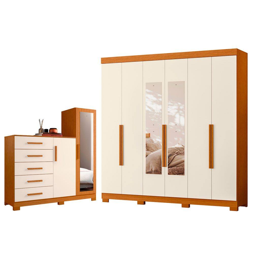 Quarto Completo Guarda Roupa 6 Portas Com espelho Vinci e Cômoda Sapateira New Master