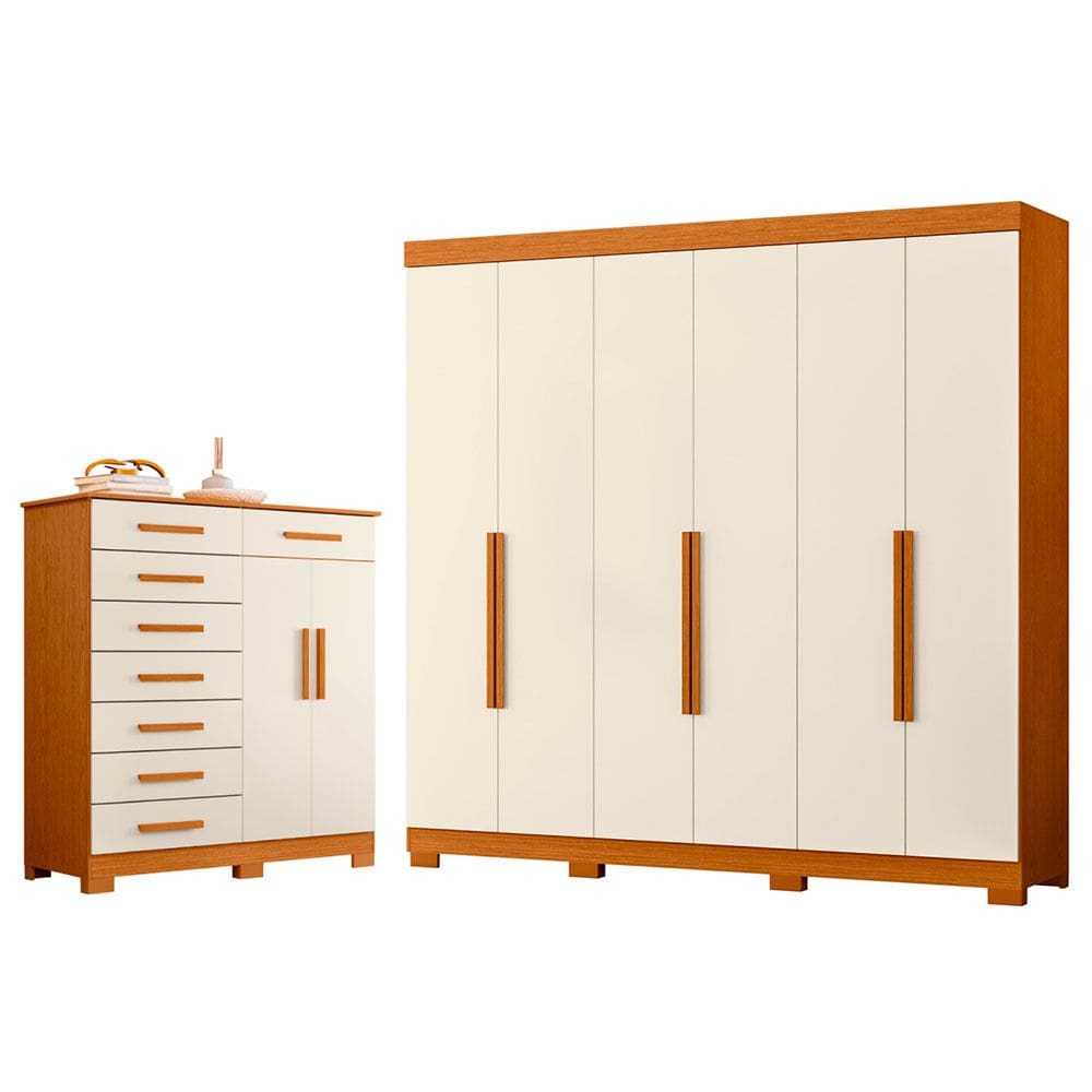 Quarto Completo Guarda Roupa 6 Portas Vinci e Cômoda Sapateira Verona
