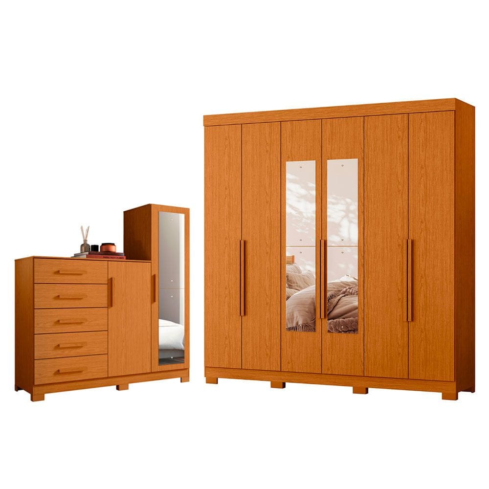 Quarto Completo Guarda Roupa 6 Portas Com espelho Vinci e Cômoda Sapateira New Master
