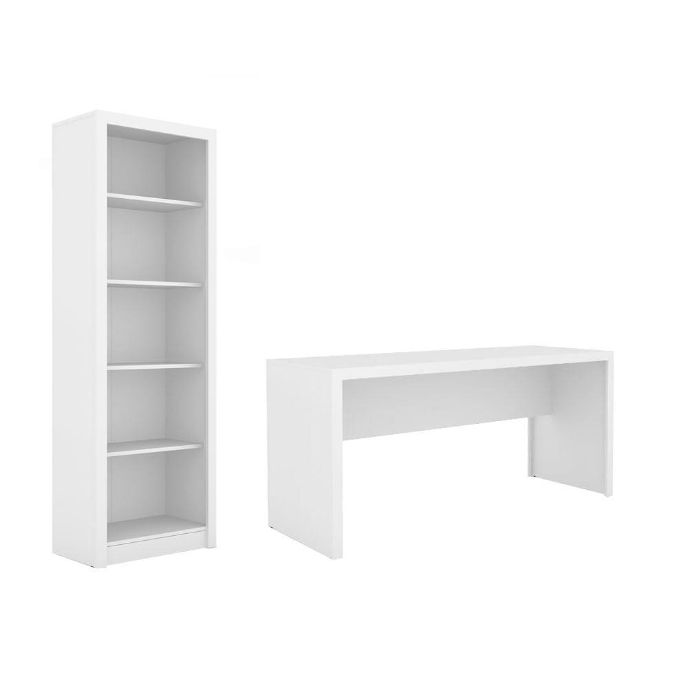 Escritório com Mesa para Computador Simples Gavetas e Armário Branco - FdECOR