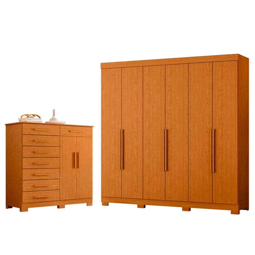 Quarto Completo Guarda Roupa 6 Portas Vinci e Cômoda Sapateira Verona