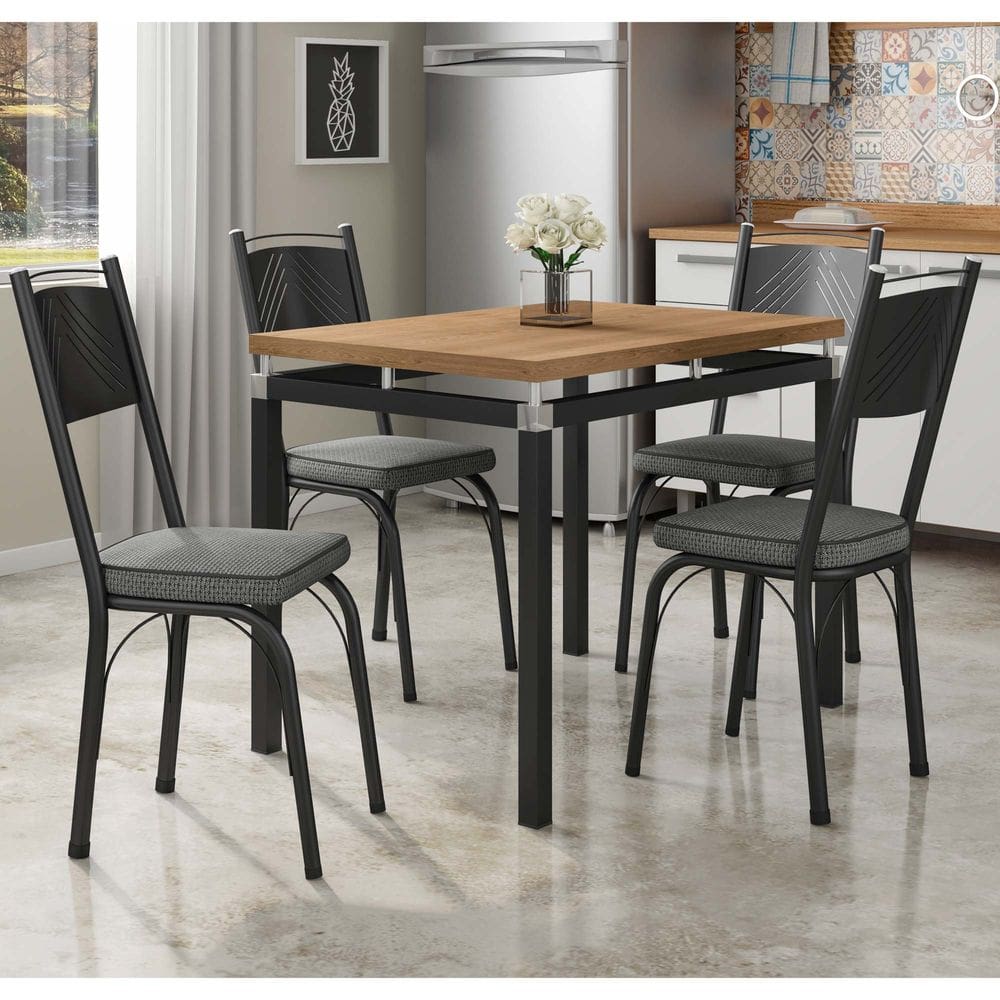Conjunto Mesa de Jantar Tubular com 4 Cadeiras Malva Tampo BP 91x68cm 151 Preto Fosco Assento Platina - Combo Stock