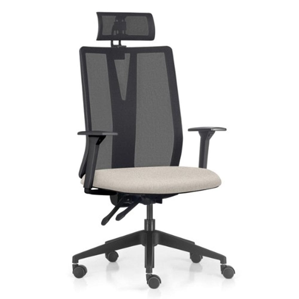 Cadeira Escritório Giratória Presidente Flow F02 Base Preta Linho Bege Claro - Lyam Decor