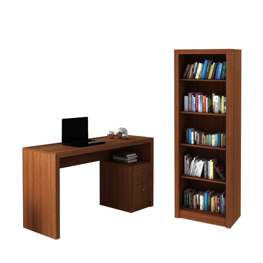 Escritório com Mesa para Computador 2 Gavetas Com Armário Prateleiras Portas Amendoa - FdECOR