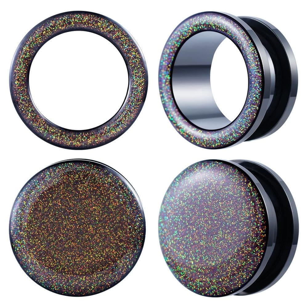 Medidores de ouvido POBAISITER Shiny Glitter Resina de Aço Inoxidável 4 unidades