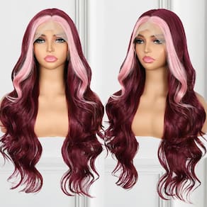 Peruca frontal de renda sintética BABEHERS Burgundy 66cm Body Wave