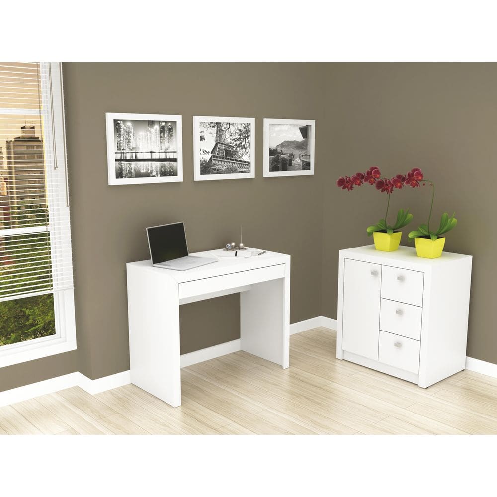 Escritório com Mesa para Computador e Balcão Branco - FdECOR