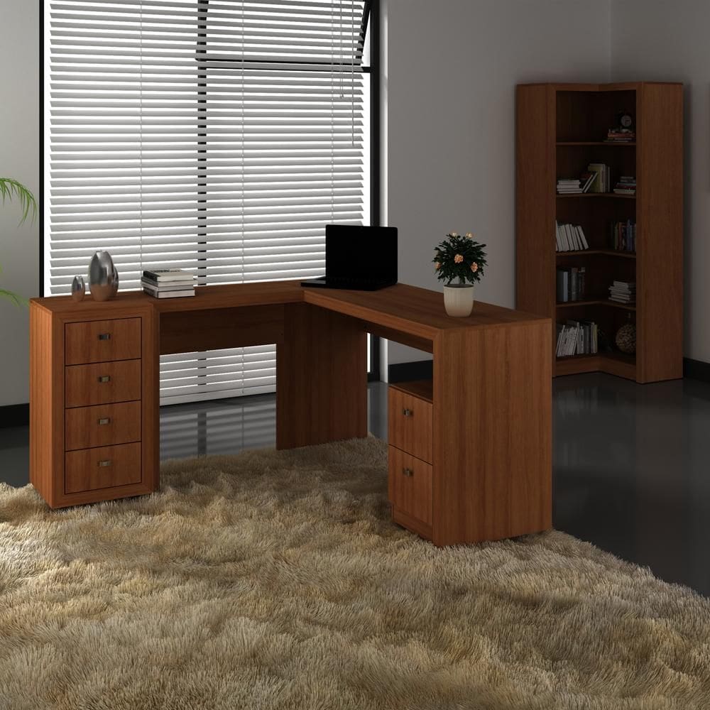 Escritório com Mesa para Computador e Armário Canto Amendoa - FdECOR