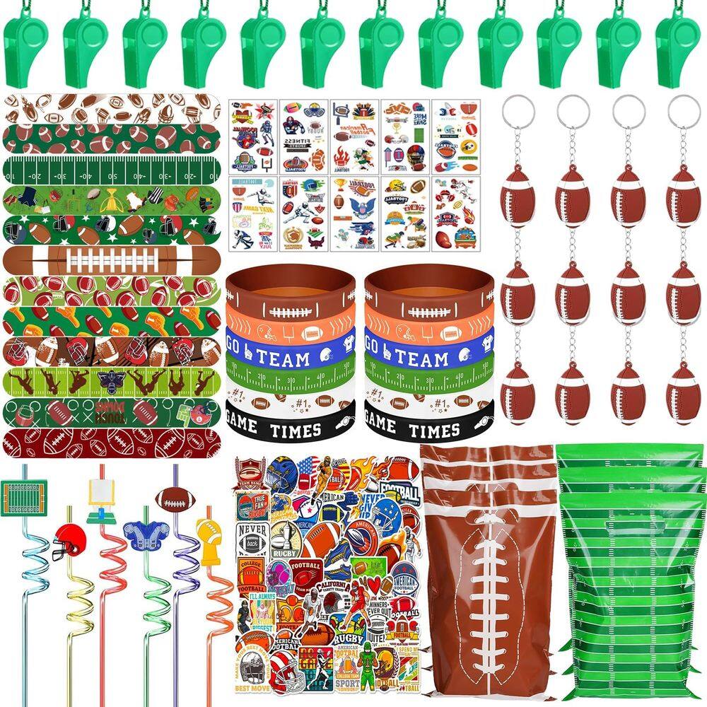 Conjunto de lembrancinhas de festa, futebol, 134 peças, pulseira, apito, chaveiro