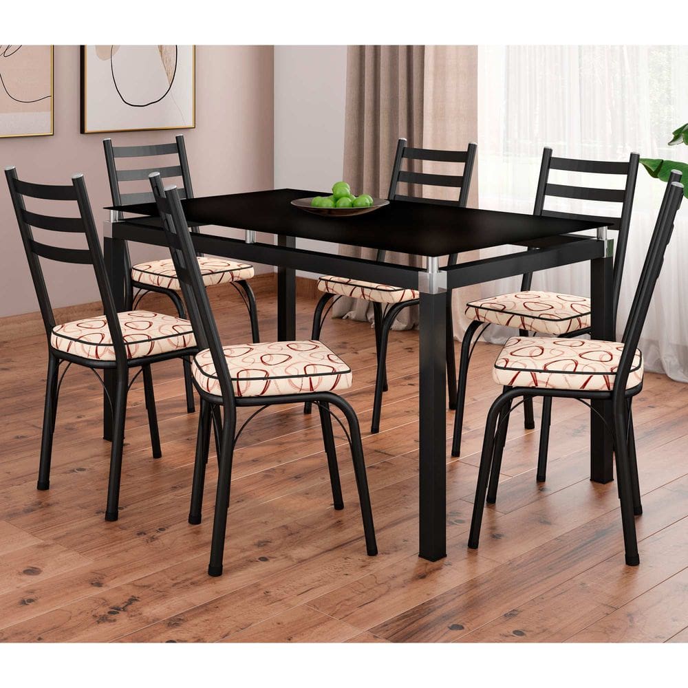 Conjunto Mesa de Jantar com 6 Cadeiras 141 Malva Tampo Vidro 140cm  SF Preto Assento Cedro - Combo Stock