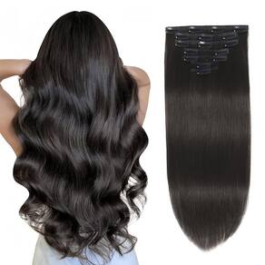 Extensões de cabelo Clip in Gampacy 22 polegadas 120 g 1B preto natural