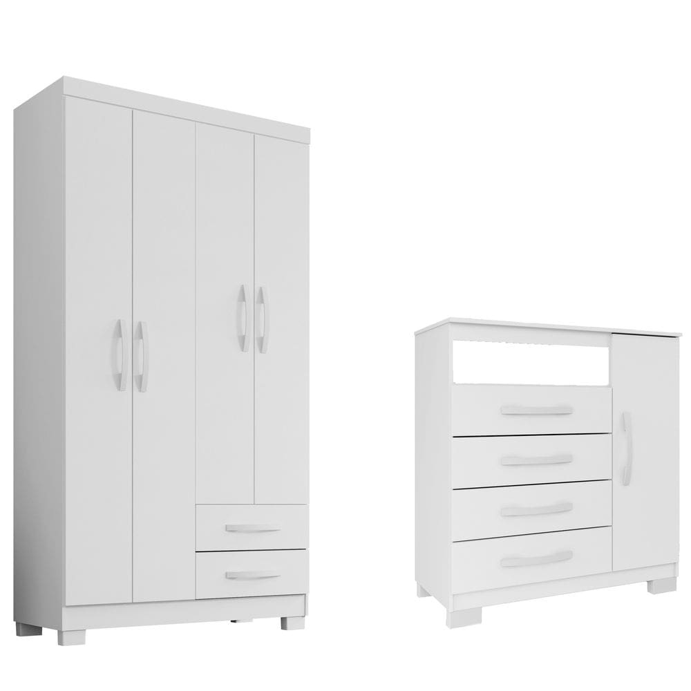 Guarda Roupa Infantil 4 Portas Branco Flex Com Cômoda Sapateira 1 Porta 4 Gavetas Modena - Combo Stock