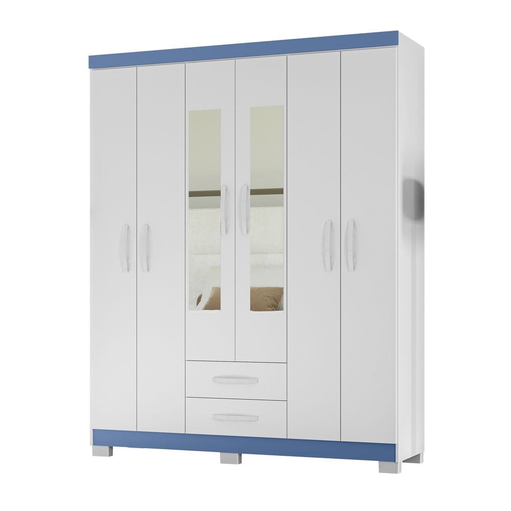 Guarda Roupa 6 Portas 2 Gavetas Com Espelho Modena Branco Tx Flex Detalhe Azul - Combo Stock