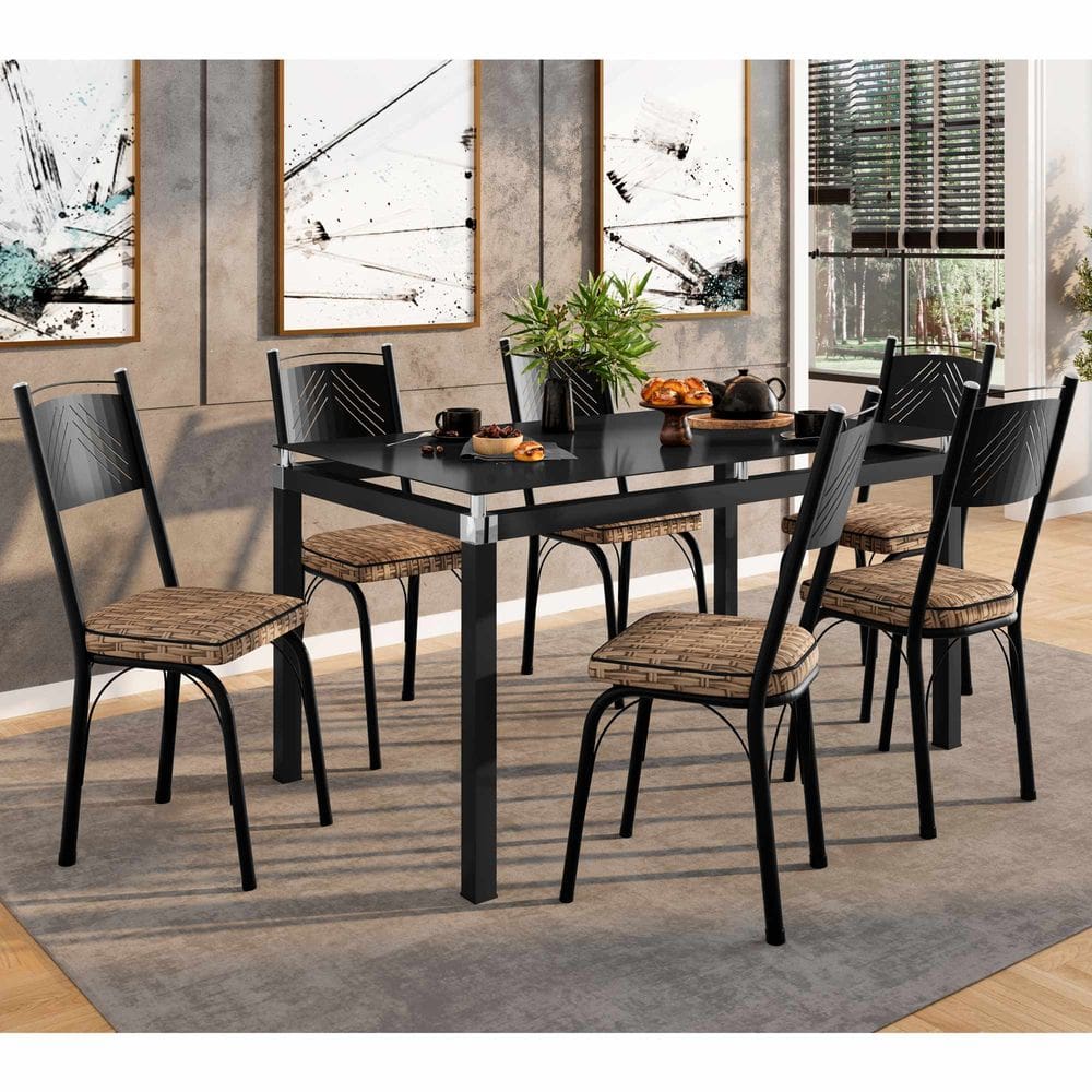 Conjunto Mesa de Jantar com 6 Cadeiras 151 Malva Tampo Vidro 140cm SF Preto Assento Rattan - Combo Stock
