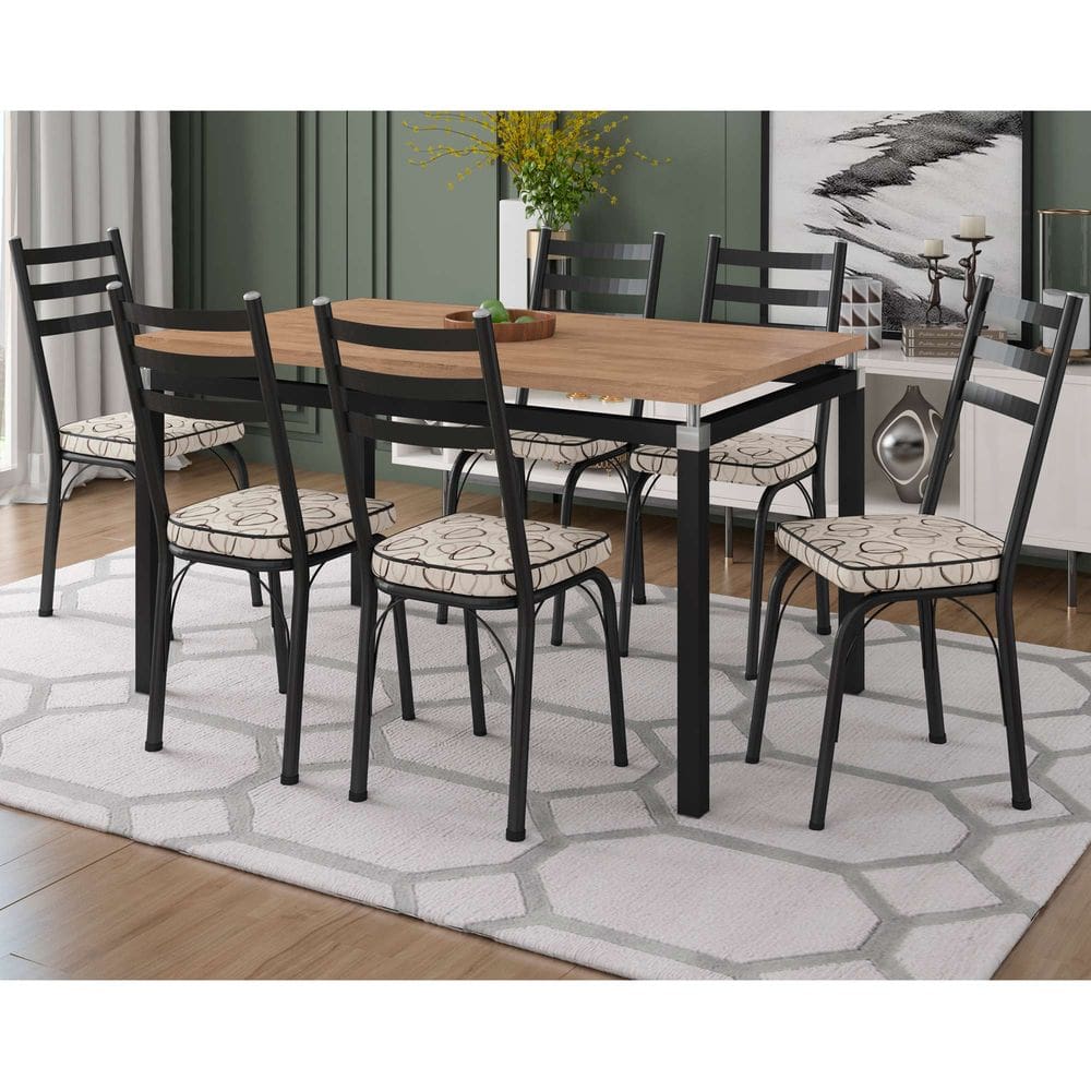 Conjunto Mesa de Jantar Tubular com 6 Cadeiras 141 Malva Tampo BP 136cm Nature Assento Cedro - Combo Stock