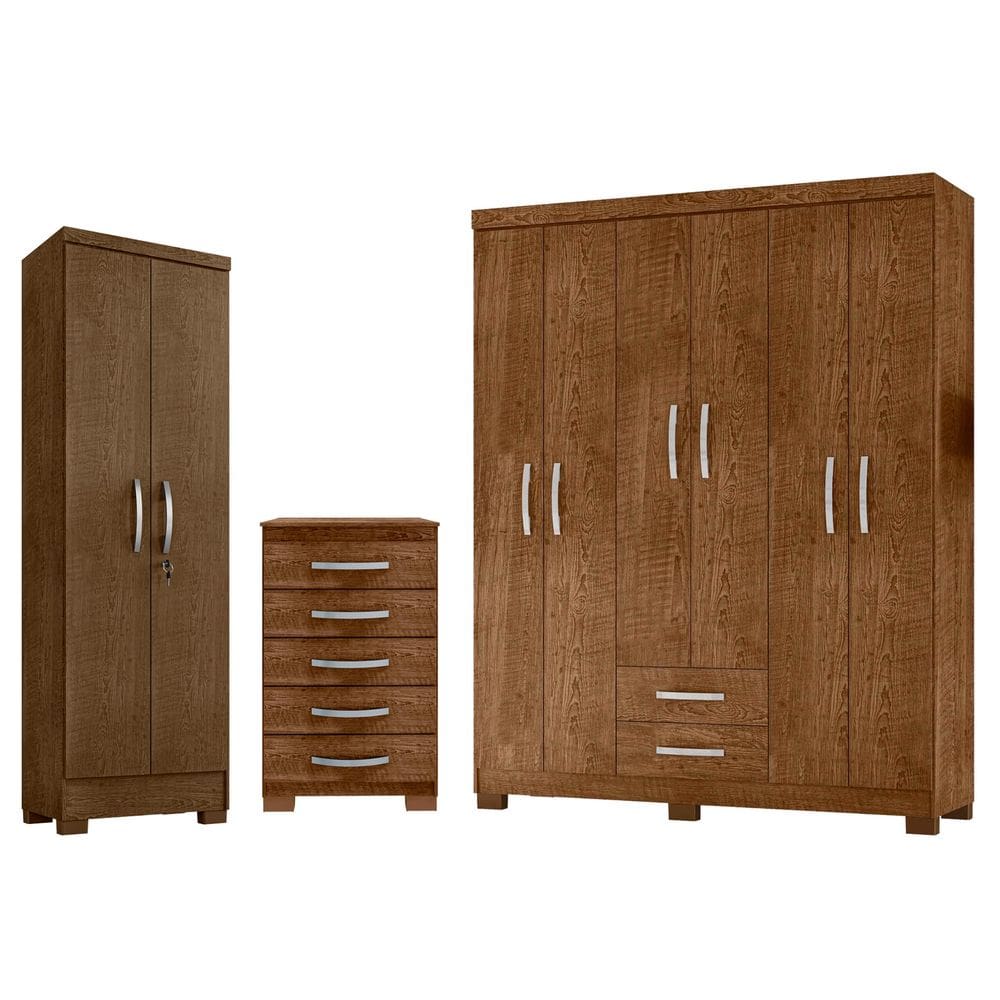 Kit Guarda Roupa Casal 6 Portas 2 Gavetas Modena com Cômoda 5 Gavetas e Multiuso Egito Malbec - Combo Stock