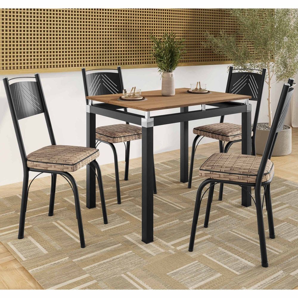 Conjunto Mesa de Jantar Tubular com 4 Cadeiras Malva Tampo BP 91x68cm 151 Preto Fosco Assento Rattan - Combo Stock