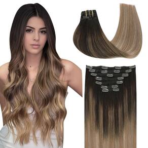 Clip in Human Hair Extensions SURNEL Dark Brown to Dirty Blonde Balayage 35 cm 140 g