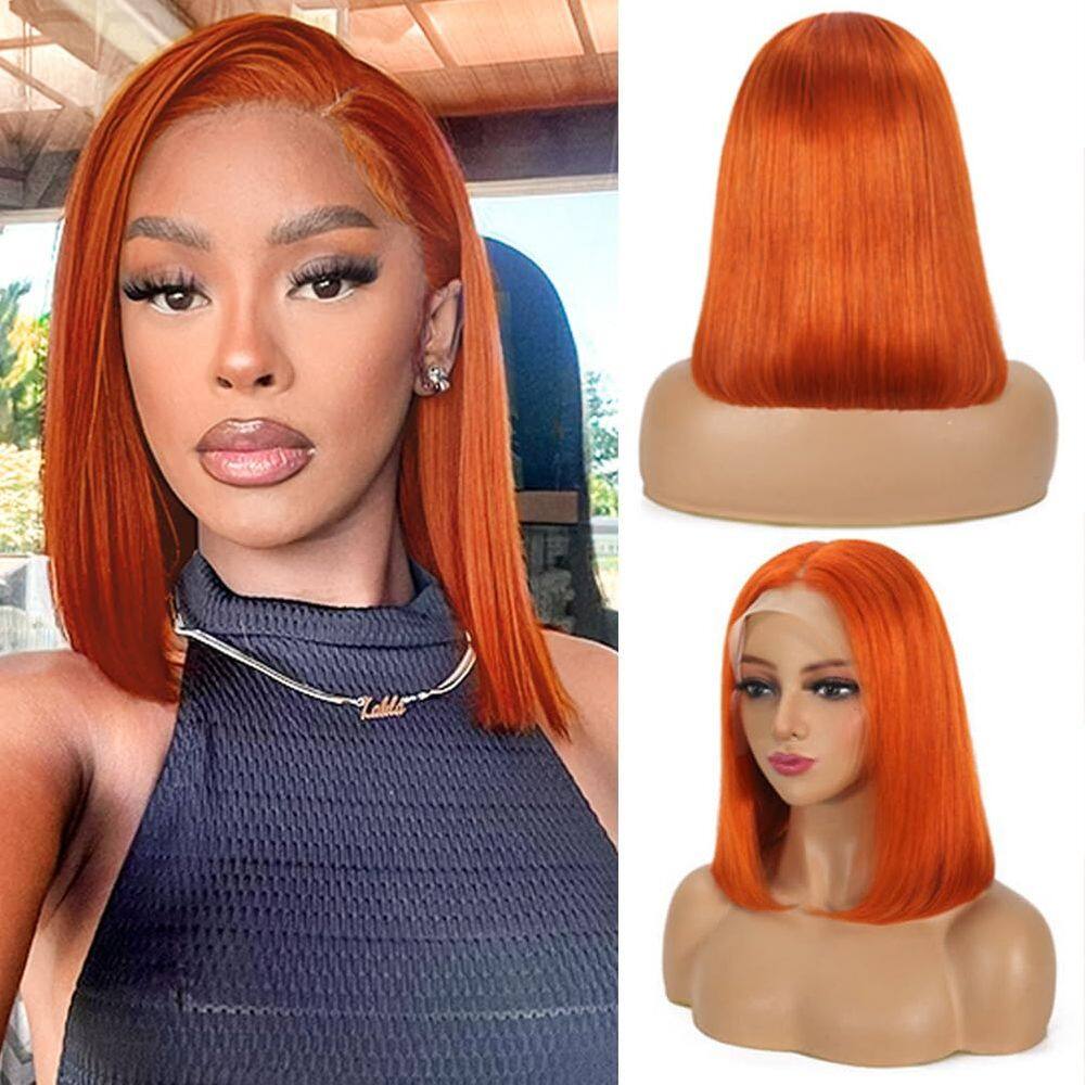 Peruca FJSuprise Ginger Orange Bob Human Hair 35 cm com renda 13x4