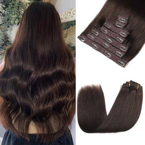 Extensões de cabelo Rimoss Clip em cabelo humano real, castanho escuro