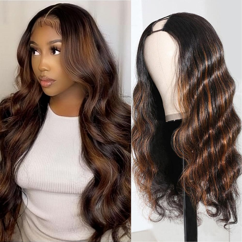Peruca de cabelo humano U Part beautkol Body Wave 16" Ombre Brown