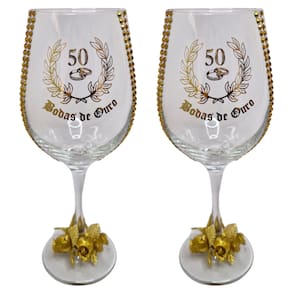 Kit 2 Taças Vidro Bodas de Ouro 50 Anos Rosas + Presente