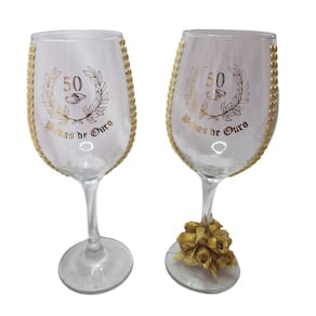 Kit 2 Taças Vidro Bodas de Ouro 50 Anos Luxo Rosa + Presente