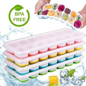 Kit 2 Formas de Gelo Silicone com Tampa Rígida Fundo Flexível 14 Cubos Retangular Multiuso Lavável