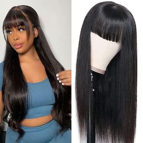 Peruca de cabelo humano brilhando em linha reta com franja 22" preta natural
