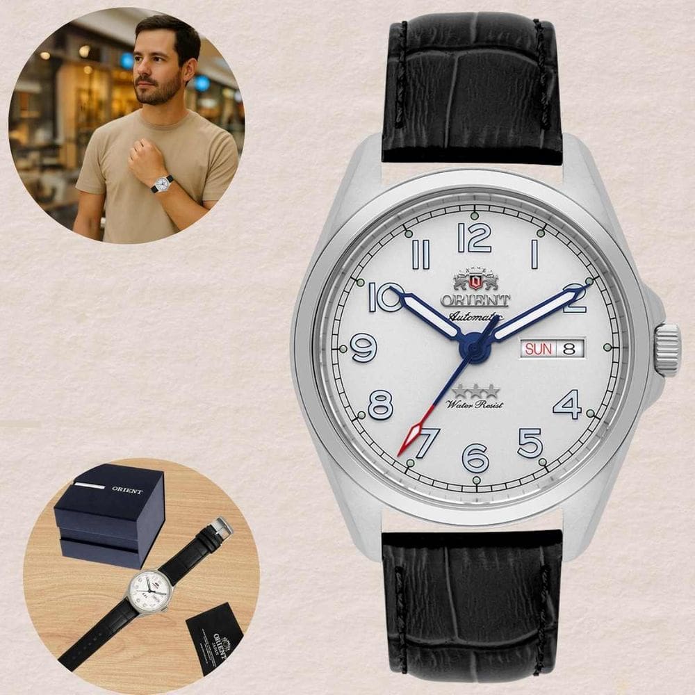 Relógio Orient Masculino Automático 3 Estrelas Prova Dágua 100 Metros 10ATM Casual Vidro Safira Pulseira Couro Aço Inóx Casual YN6SC006 S2