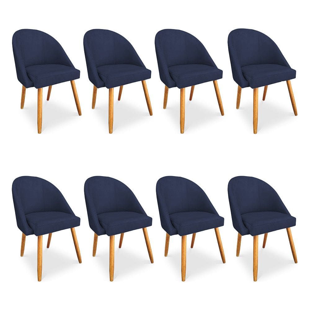 Kit 8 Cadeiras de Jantar Bela Veludo Azul Marinho Pés Palito Castanho - Pallazio