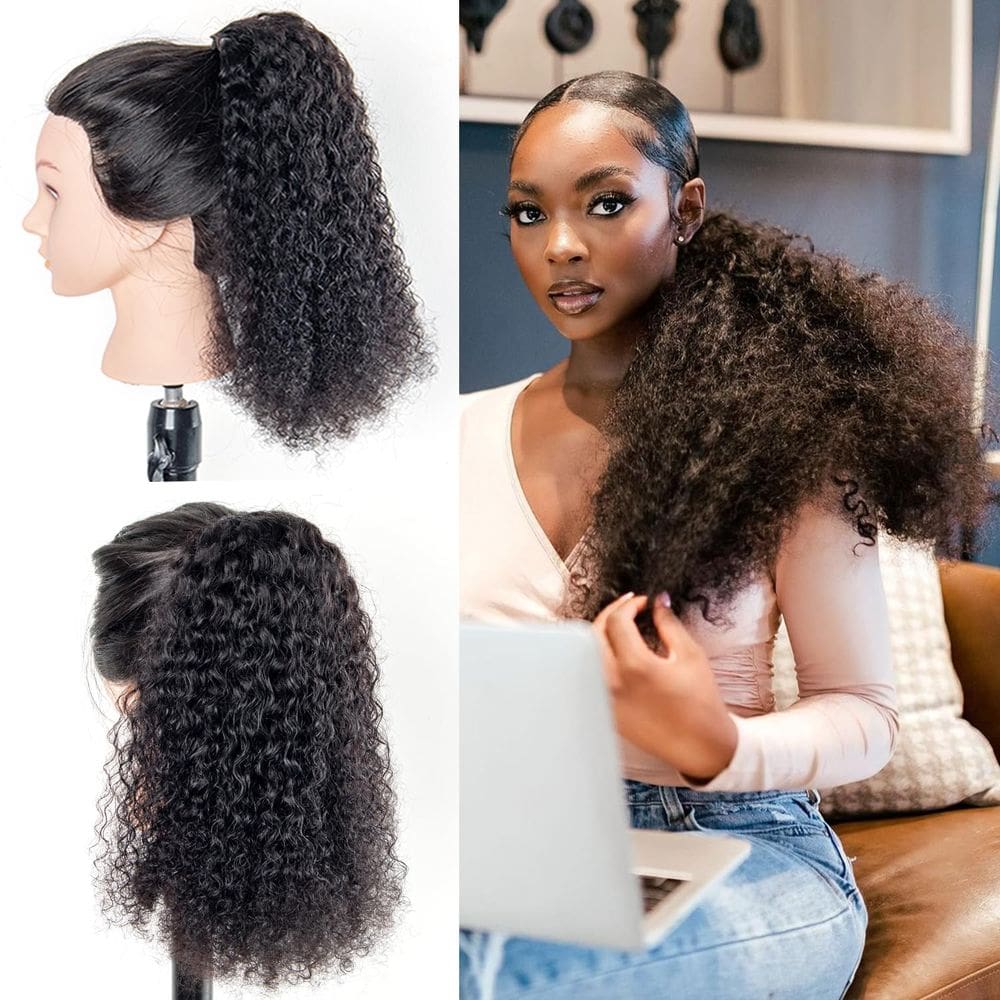 Extensão de rabo de cavalo Ainimiu Kinky Curly Human Hair 60cm