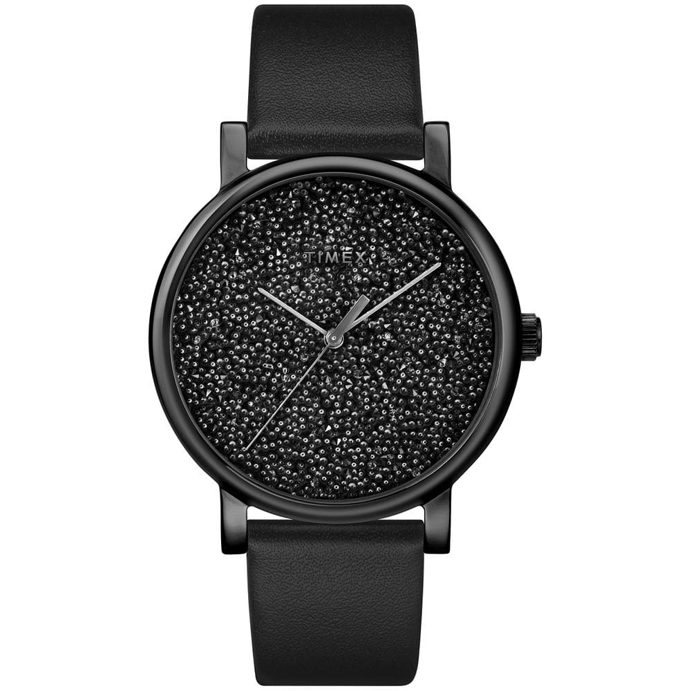 Relógio Timex Crystal Opulence feminino com pulseira de couro preta de 38 mm