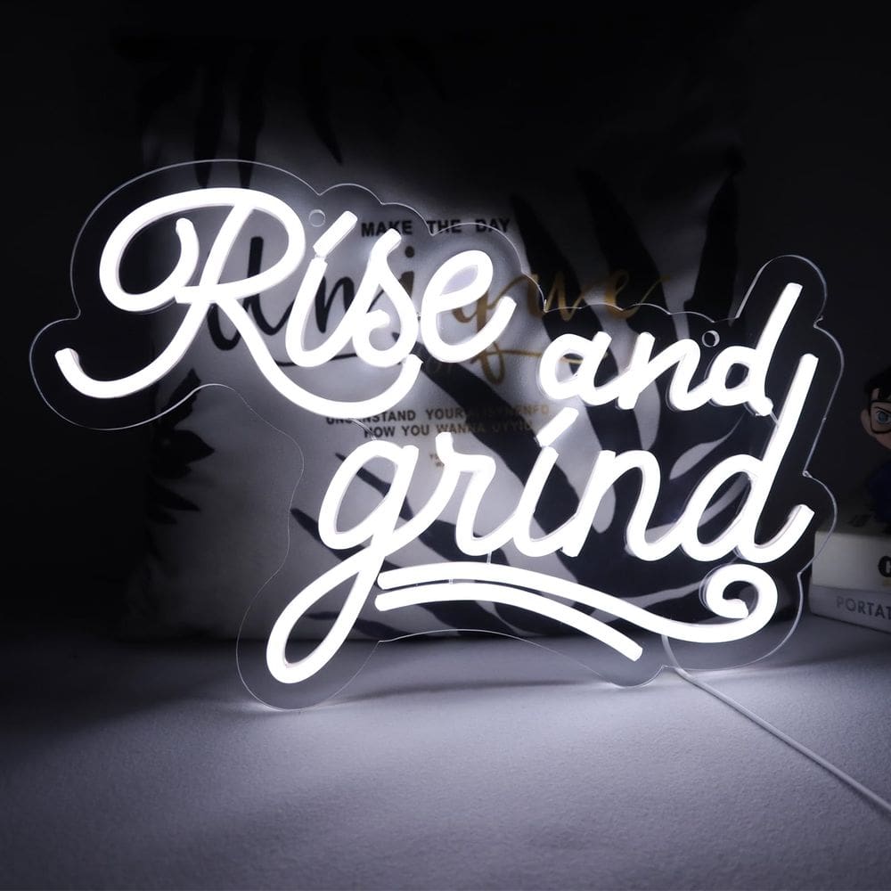 Placa de néon JFLlamp Rise and Grind para decoração de parede 41x23cm