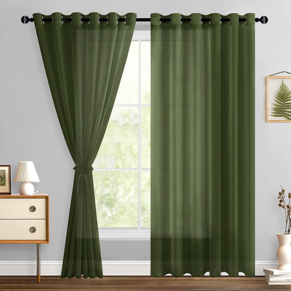Cortinas transparentes Hiasan para quarto, ilhó, verde oliva claro