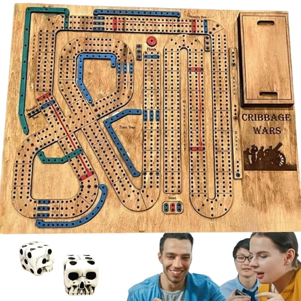 Conjunto de jogos de tabuleiro Cribbage Wars 2024 com dados esqueléticos e armazenamento