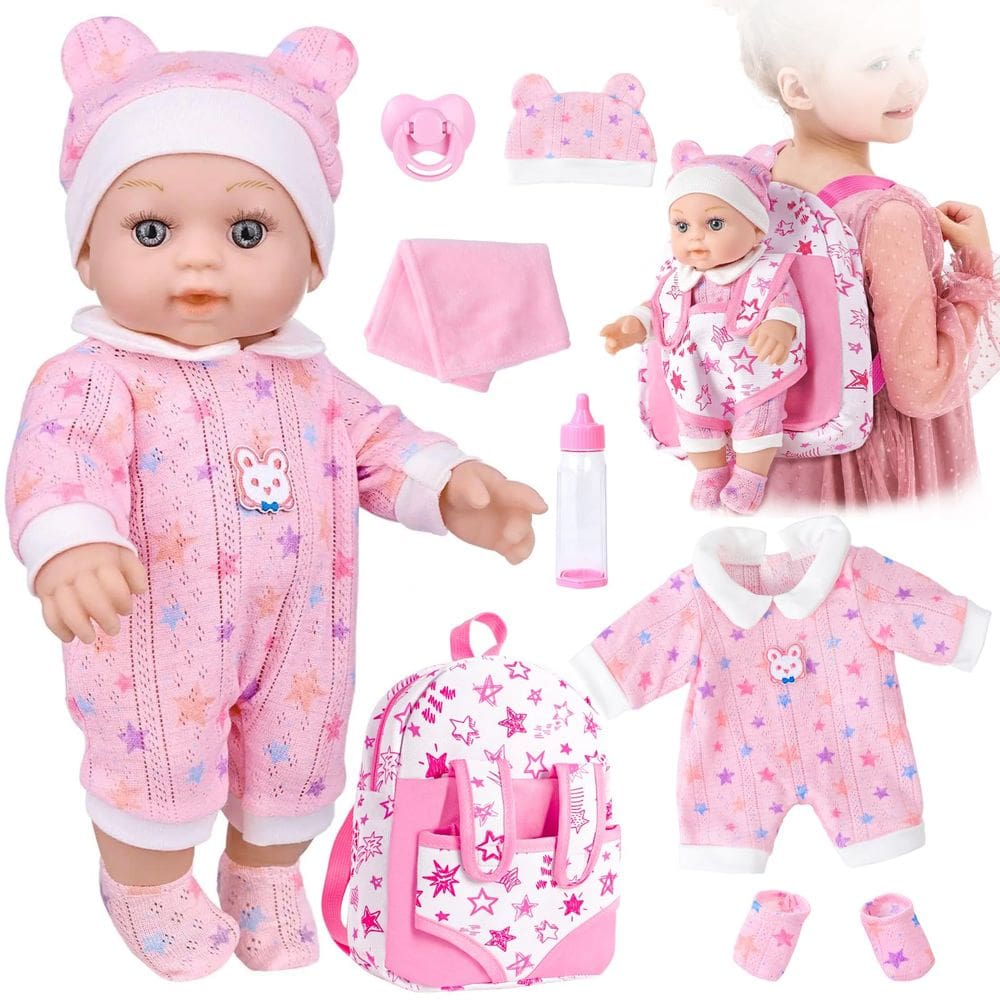 Baby Doll BDDOLL de 12 polegadas com mochila rosa, roupas e mamadeira