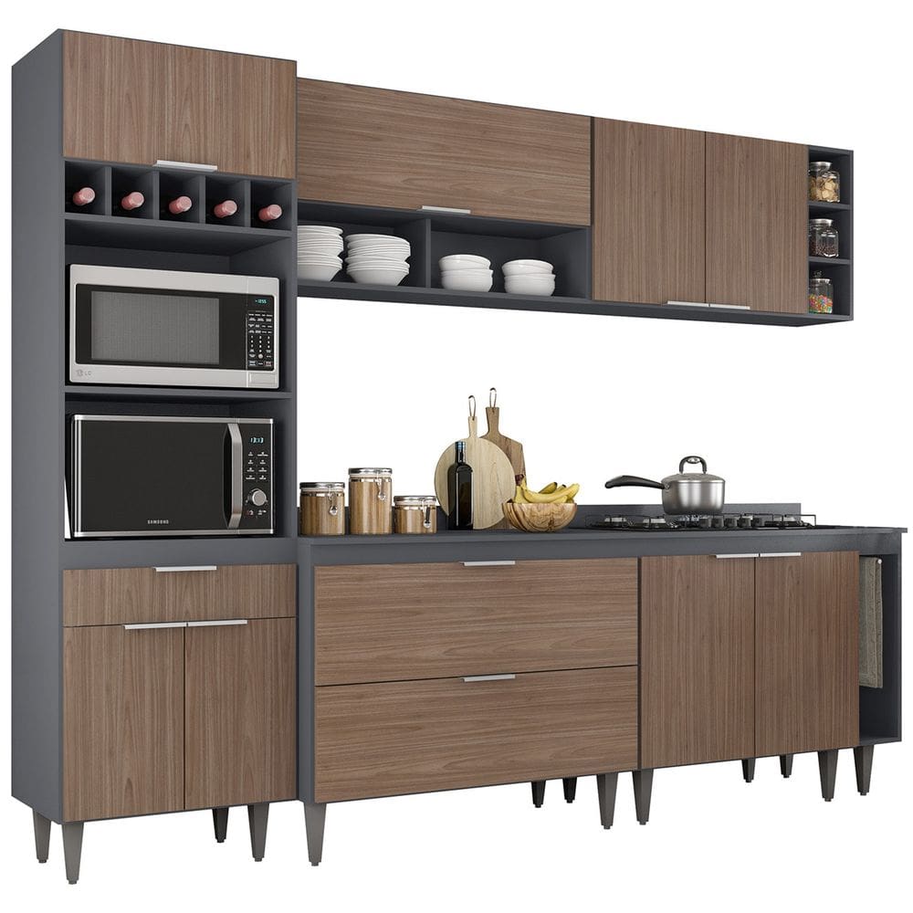 Armário de Cozinha Com Tampo CP07 260cm Pérola Grafite/Freijó Z34 - Mpozenato