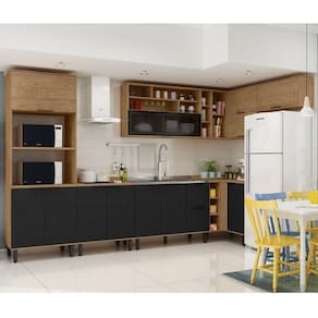 Cozinha Modulada Completa de Canto MDF 9 Peças Lombardia com Porta de Vidro - cor Freijó Nero