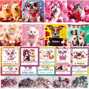 Conjunto de quebra-cabeças de presente de dia dos namorados para crianças com gatinho e cachorrinho