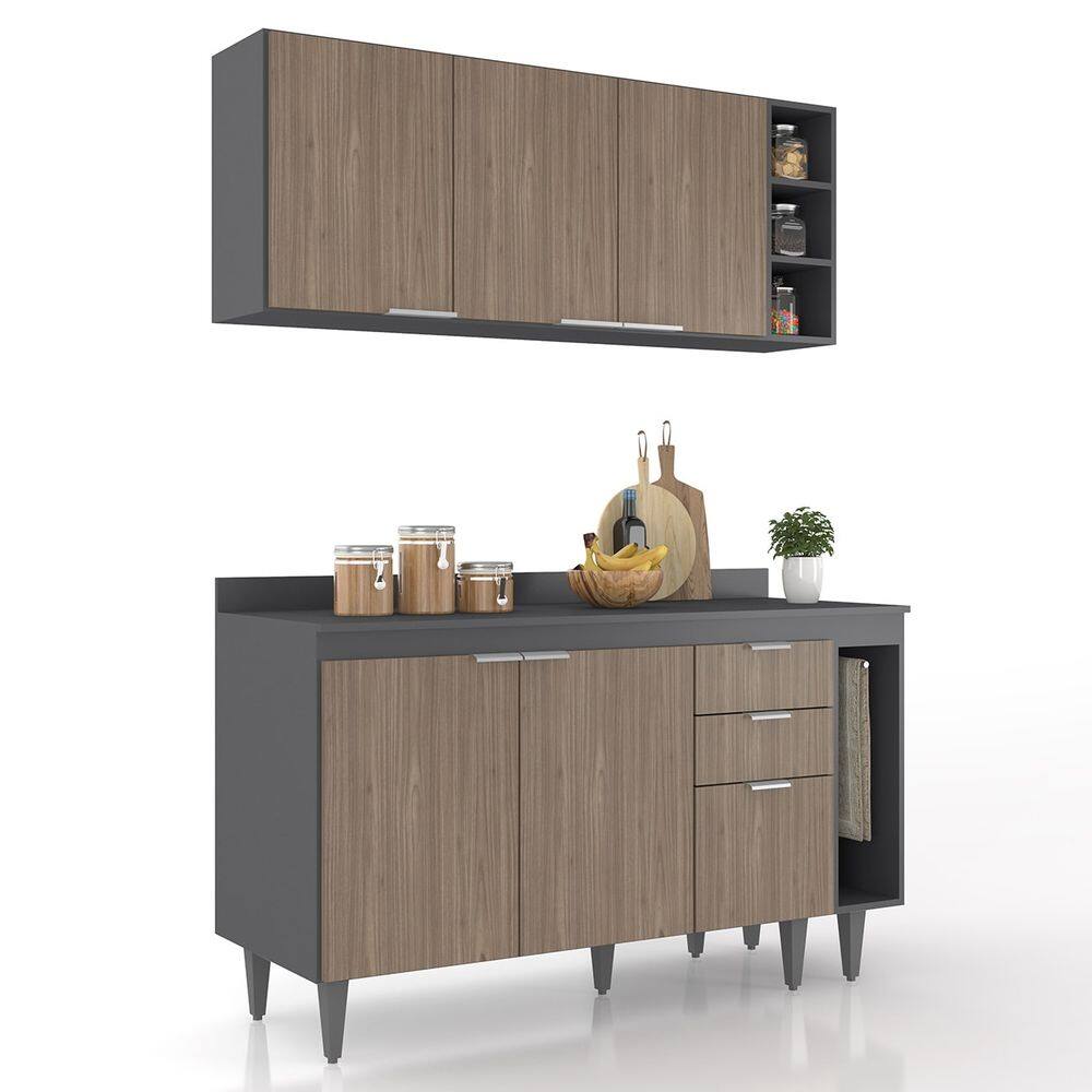 Armário de Cozinha Com Tampo CP08 140cm Pérola Grafite/Freijó Z34 - Mpozenato